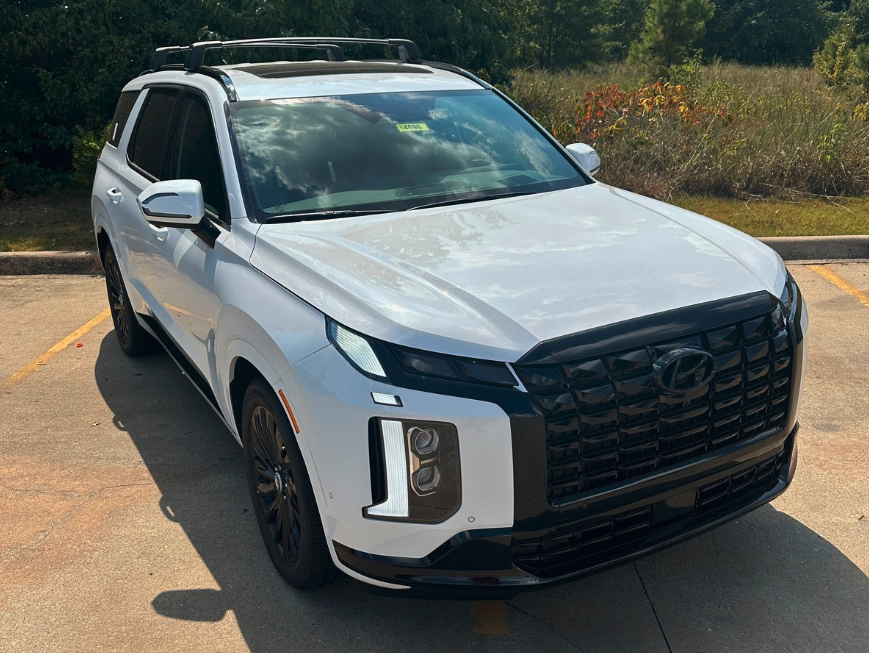 White 2025 Hyundai Palisade with black grille and roof rails parked in Bentonville under sunny autumn skies